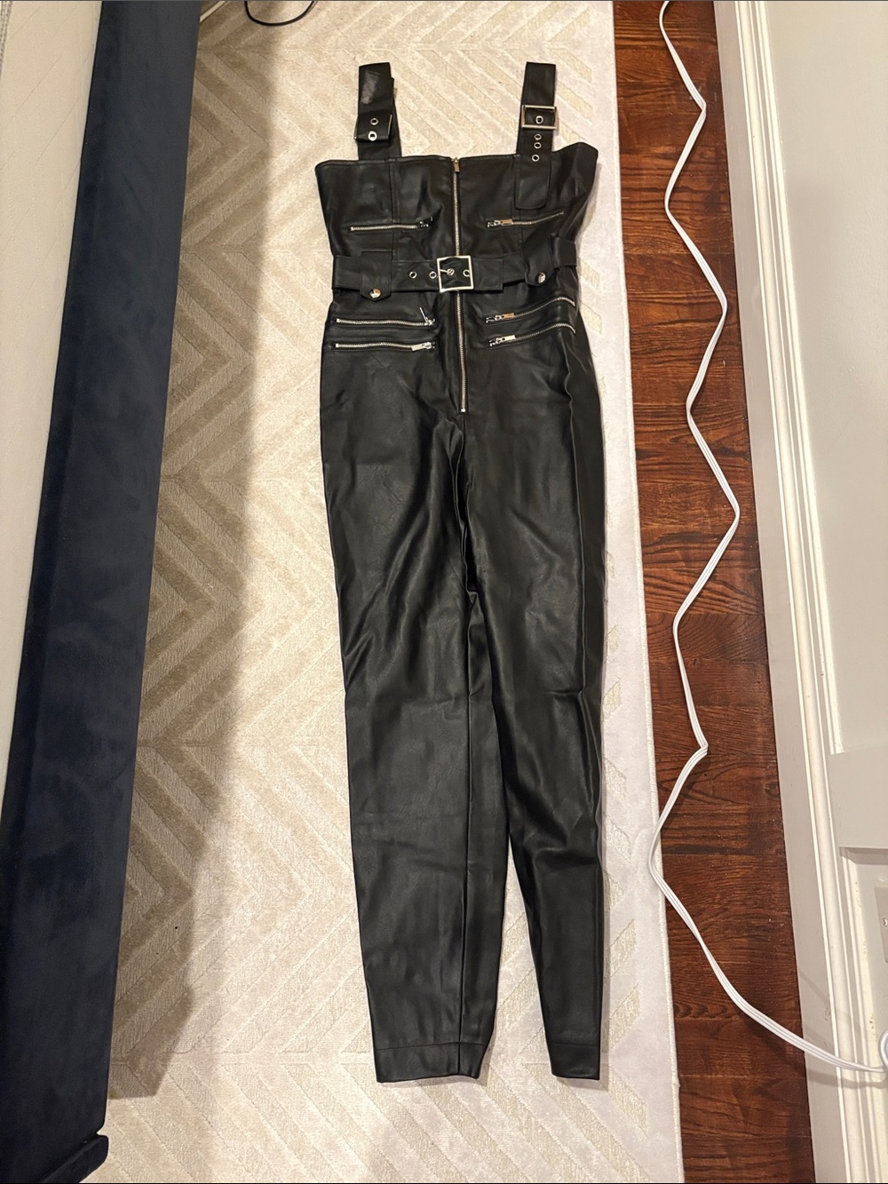 WeWoreWhat Black Faux Leather High-Waist Suspender Pants
